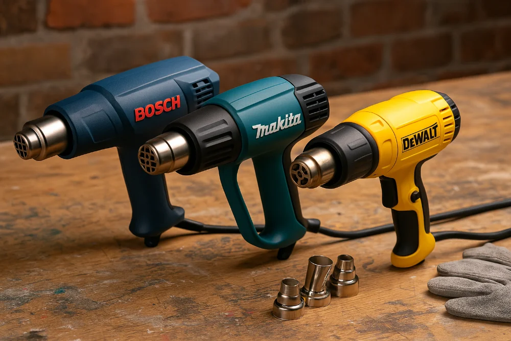 Порівняння будівельних фенів Bosch, Makita і DeWalt у майстерні з насадками та рукавицями