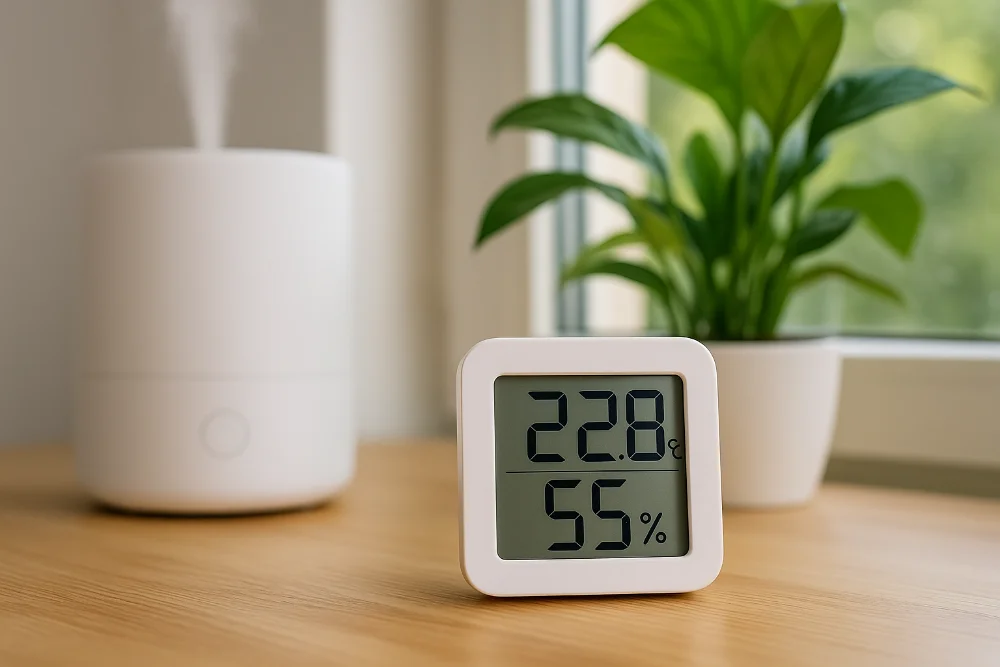 Цифровий гігрометр на столі біля вікна показує температуру та вологість повітря в кімнаті