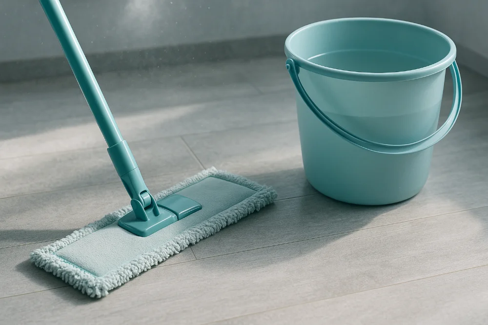 Перше миття підлоги після ремонту: мікрофіброва швабра, відро з чистою водою та будівельний пил на поверхні