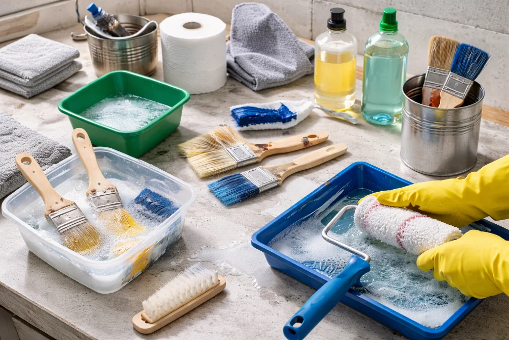 Практичний процес миття кистей і валиків з різними фарбами на робочій поверхні з водою, піною та ємностями