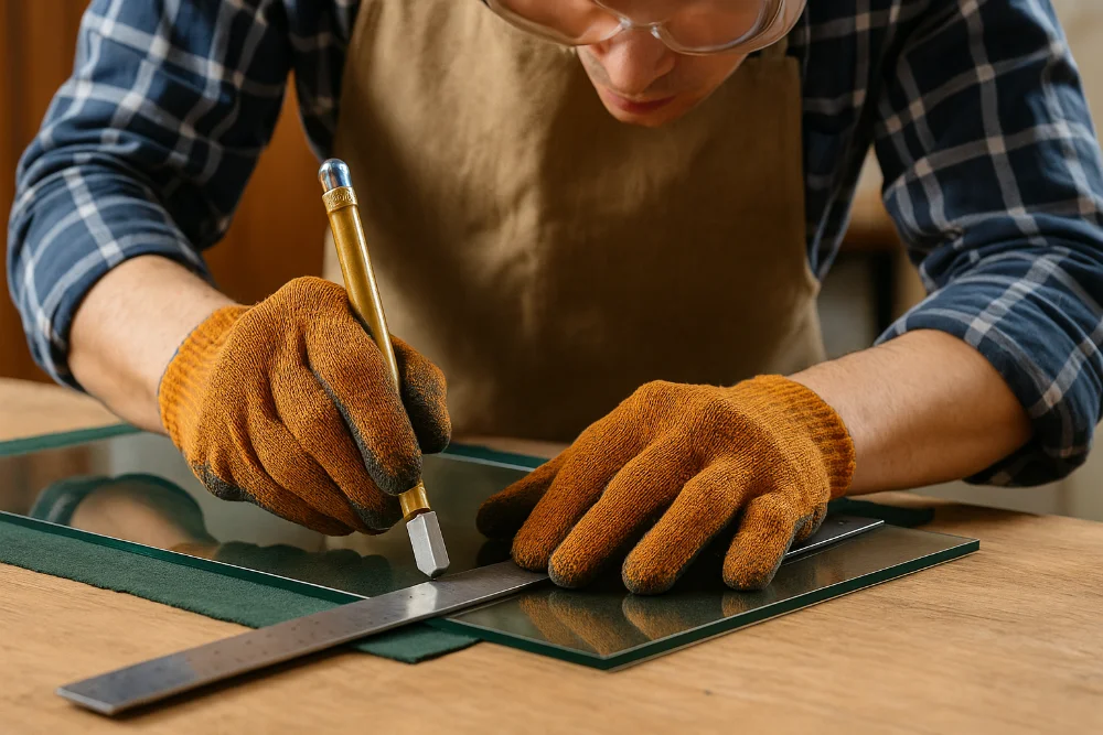 Майстер у захисних рукавицях ріже листове скло масляним склорізом по металевій лінійці