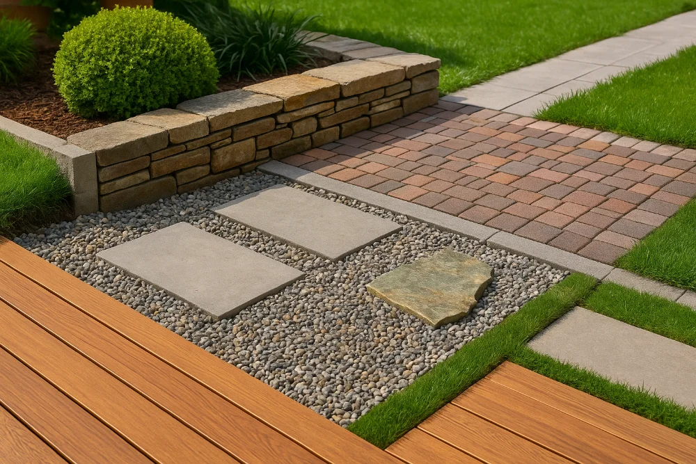 Облаштований двір з тротуарною плиткою, каменем, гравієм і терасною дошкою для різних зон користування