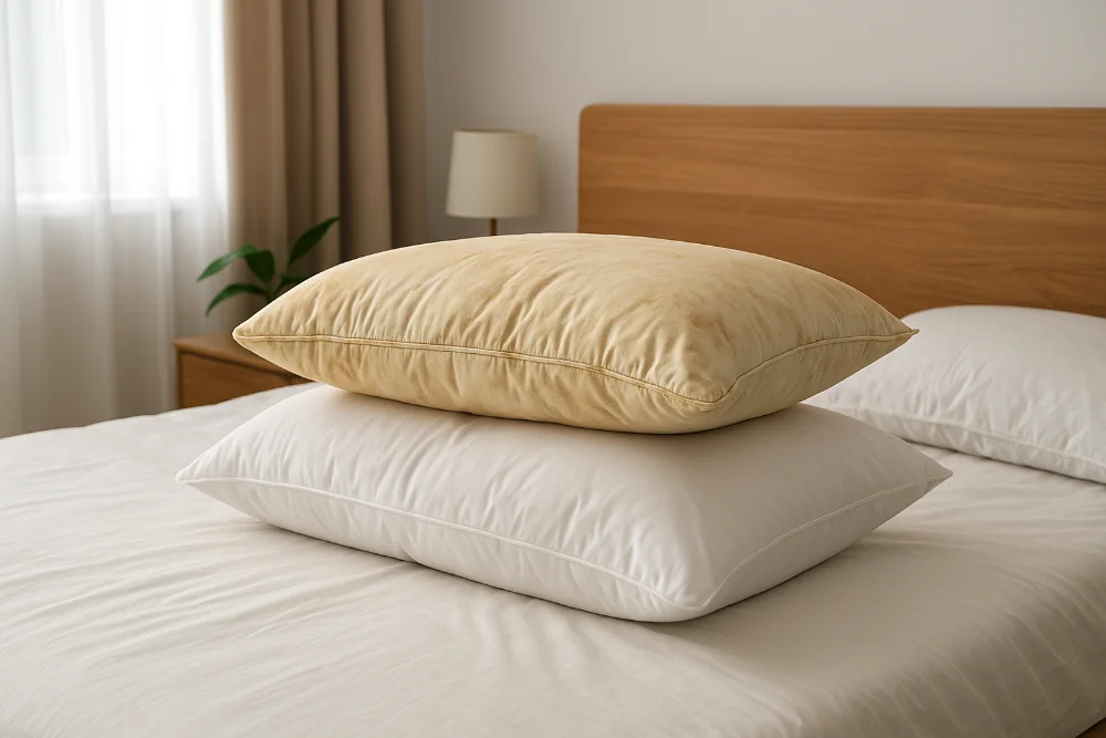 Стара та нова подушки на ліжку в світлій спальні як символ своєчасної заміни подушки для здорового сну