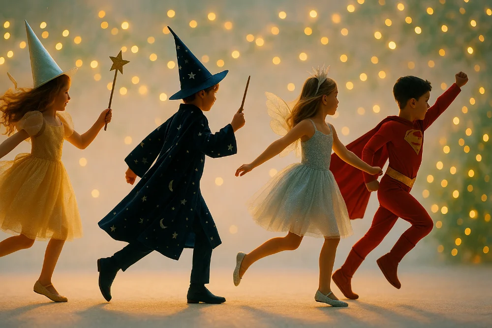Діти в новорічних костюмах феї, чарівника, сніжинки та супергероя у святковій казковій атмосфері