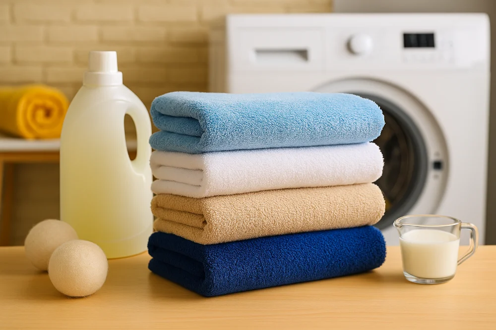 Складені м’які рушники після прання поруч із пральною машиною та засобами для догляду за текстилем