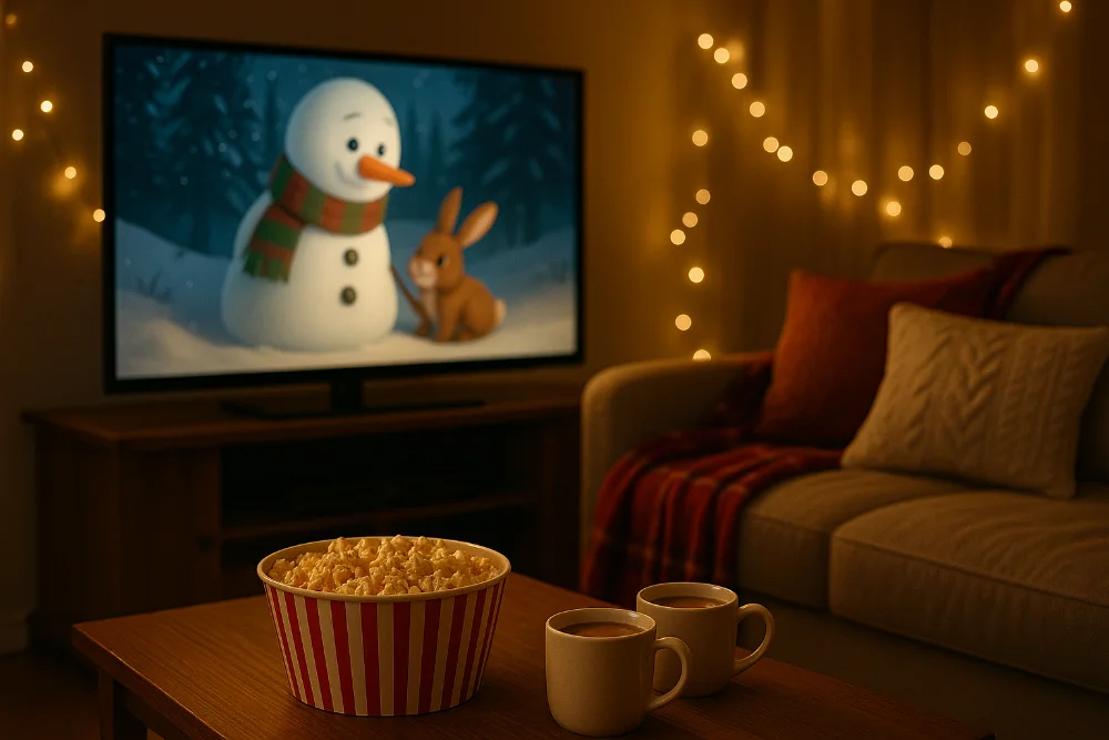 Затишна family-cinema сцена з диваном, попкорном, какао та телевізором під час новорічного перегляду мультфільмів