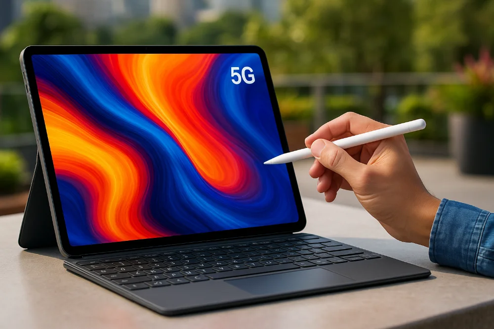 Реалістичне фото планшета з 5G у чохлі-клавіатурі та рукою зі стилусом
