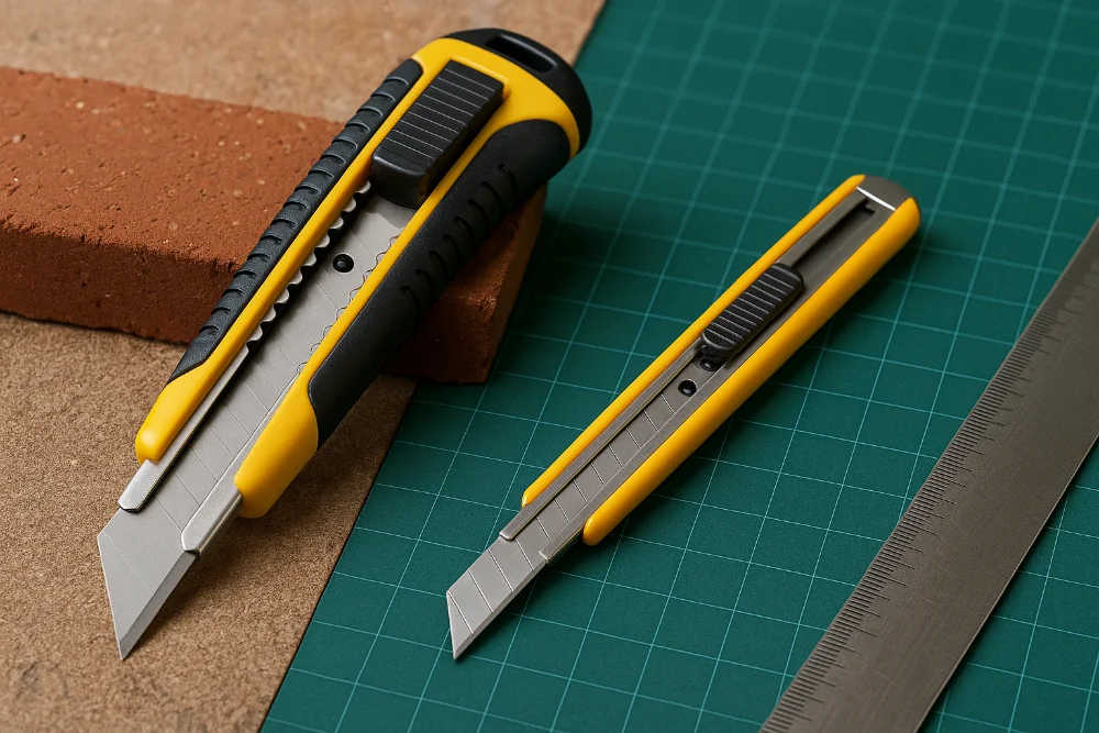 Канцелярський та будівельний ніж поруч на робочій поверхні, порівняння конструкції та лез для різних задач