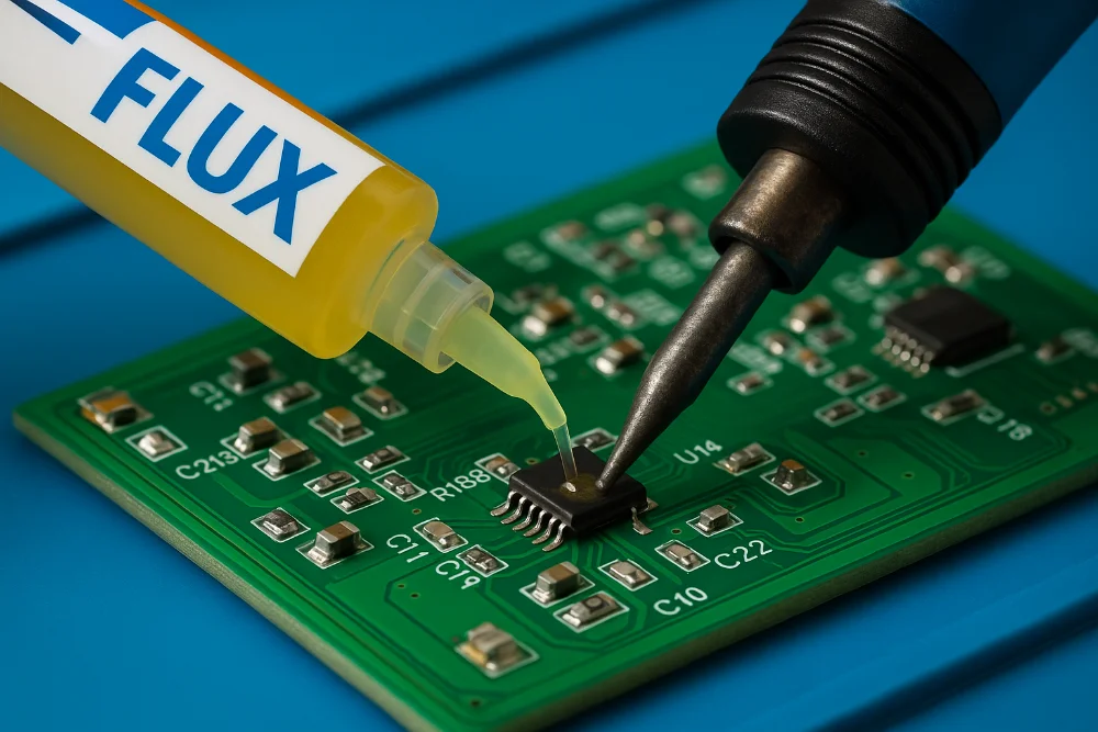 Нанесення флюсу та пайка SMD-мікросхеми паяльником на зеленій друкованій платі