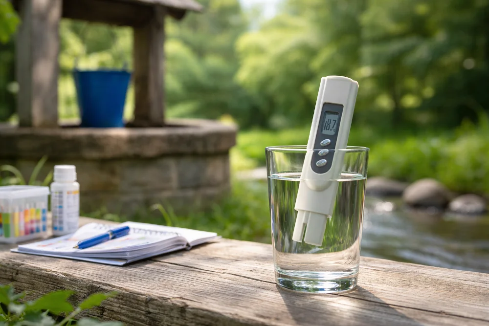 Побутовий тестер якості води у склянці біля колодязя для контролю показників питної води