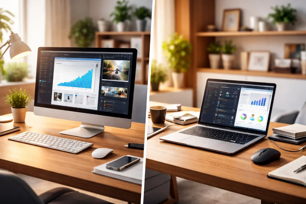 Порівняння моноблока і ноутбука на сучасному робочому місці з аксесуарами