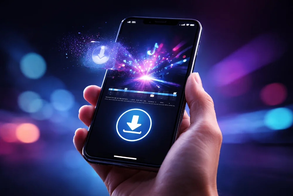 Смартфон у руці з абстрактним відеокадром і кнопкою завантаження без водяного знака на темному неоновому фоні