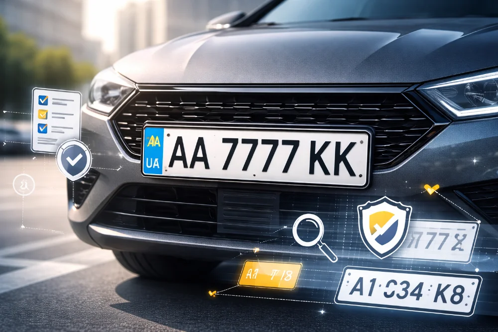 Автомобільний номерний знак на сучасному авто крупним планом як приклад вибору номера за правилами
