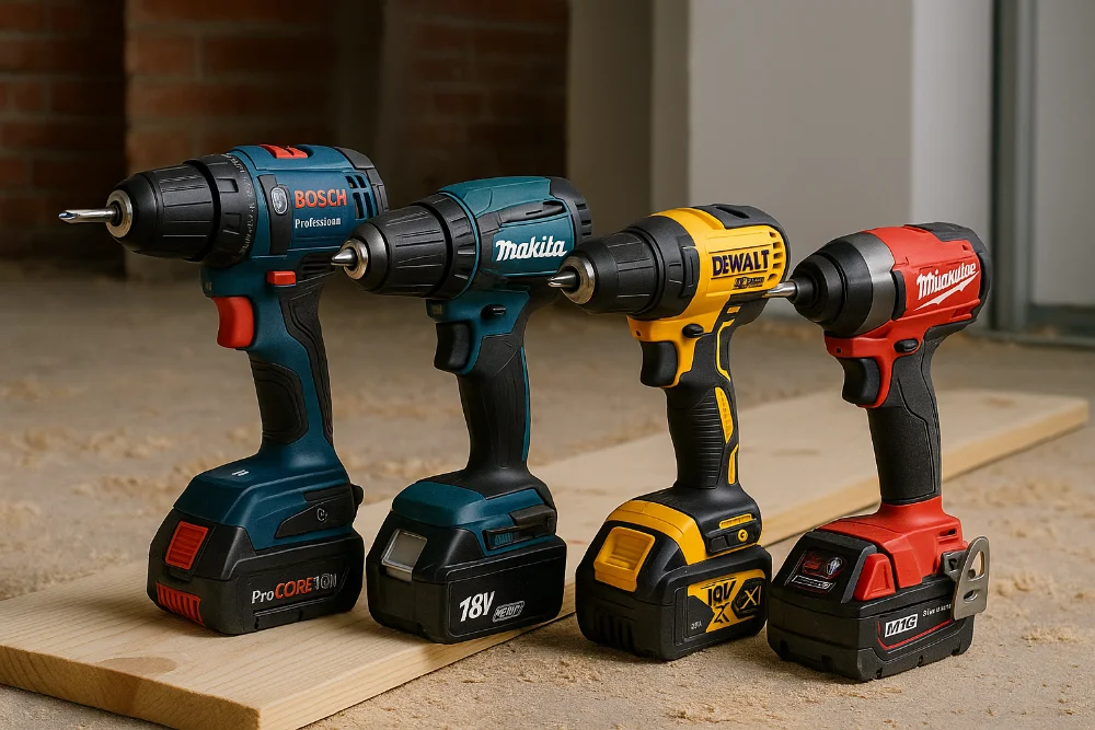 Акумуляторні шурупокрути Bosch, Makita, DeWalt і Milwaukee на будівельному майданчику, порівняння надійних брендів