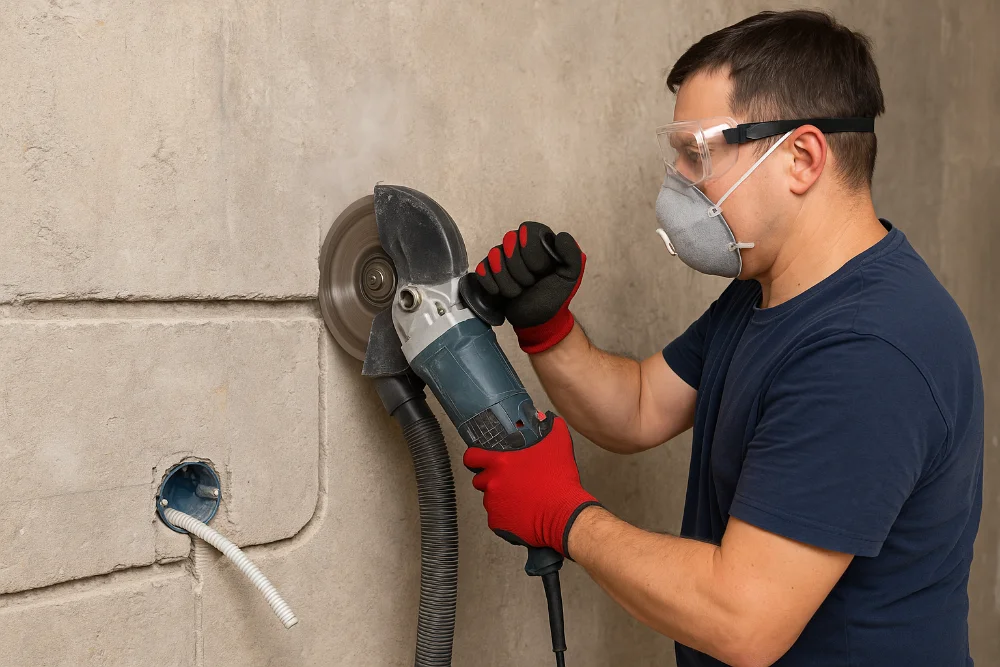 Майстер штробить бетонну стіну під електропроводку з болгаркою та пиловідведенням