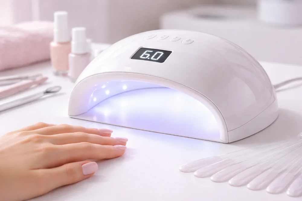 UV/LED лампа для манікюру з рівномірним світінням і рукою з нейтральним манікюром на світлій поверхні