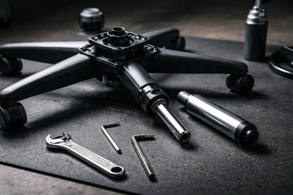 Перевернуте комп’ютерне крісло з розібраним газліфтом і підйомним механізмом, поруч інструменти для ремонту