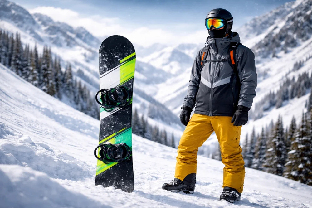 Сноуборд, встановлений вертикально на снігу, та райдер у горах — приклад вибору дошки для різного рівня катання
