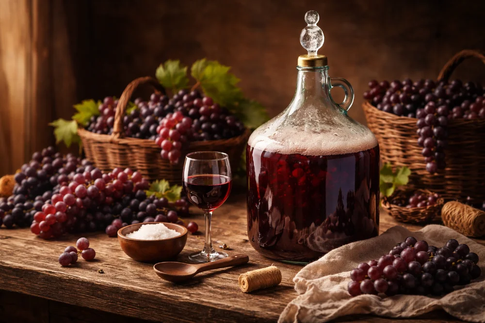 Домашнє вино з винограду у скляній бутлі під час бродіння, грона винограду та дерев’яний стіл у rustic стилі
