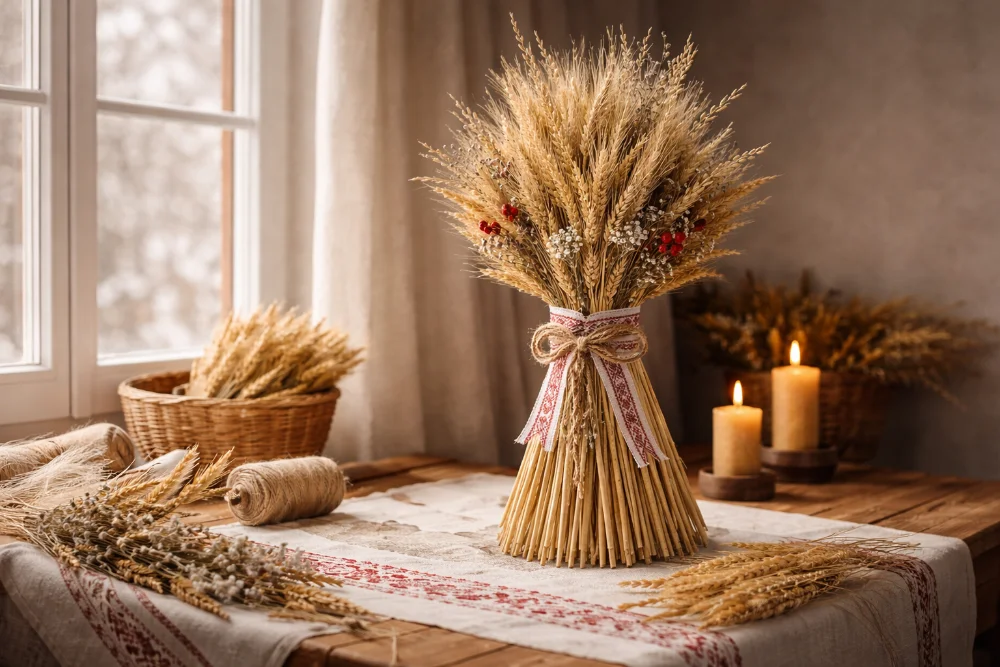 Дідух з пшеничних колосків у світлій кімнаті біля вікна як символ українського Різдва