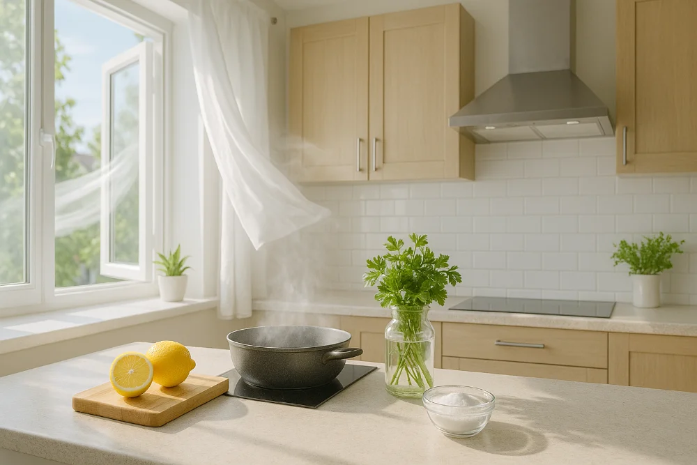Світла кухня після приготування їжі з відкритим вікном, парою з каструлі та лимоном і содою для усунення запахів