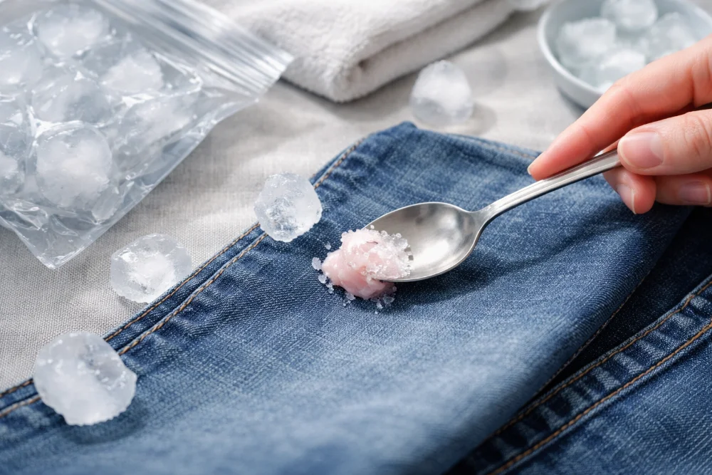 Акуратне видалення жувальної гумки з джинсової тканини ложкою після заморожування льодом вдома
