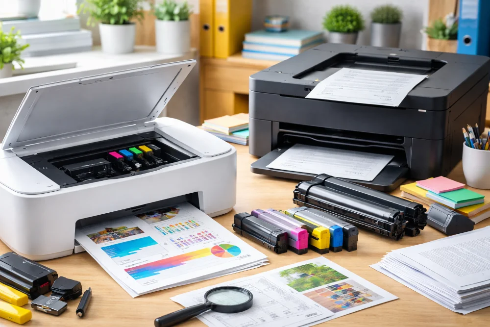 Струменевий і лазерний принтери з картриджами та надрукованими документами на робочому столі