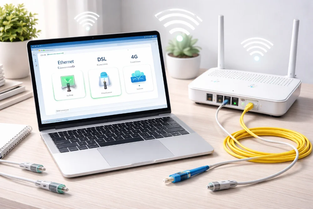 Ноутбук і маршрутизатор на столі з Ethernet та оптичним кабелем для перевірки типу інтернет-підключення