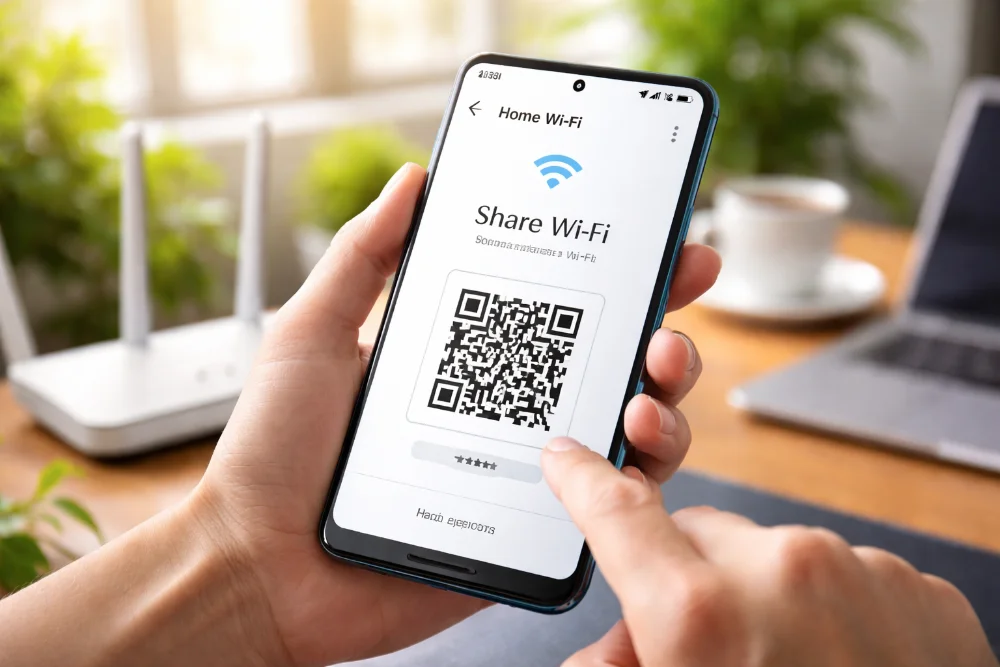 Смартфон Android у руках користувача з відкритими налаштуваннями Wi-Fi та QR-кодом для підключення до мережі