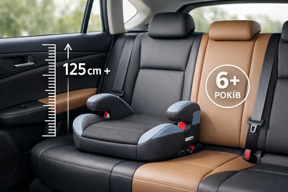 Дитячий бустер на задньому сидінні автомобіля з маркерами віку та зросту для безпечної поїздки