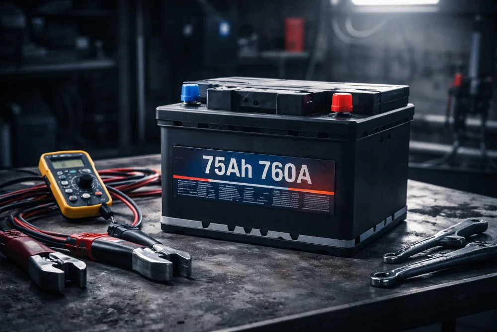 Автомобільний акумулятор на робочому столі в майстерні з клемами та тестером для перевірки параметрів АКБ