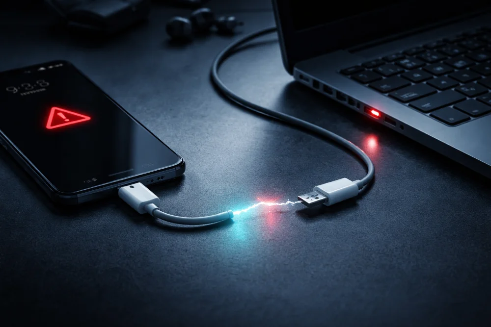 Смартфон і ноутбук з USB-кабелем, візуальний розрив з’єднання як символ проблеми підключення телефону до комп’ютера