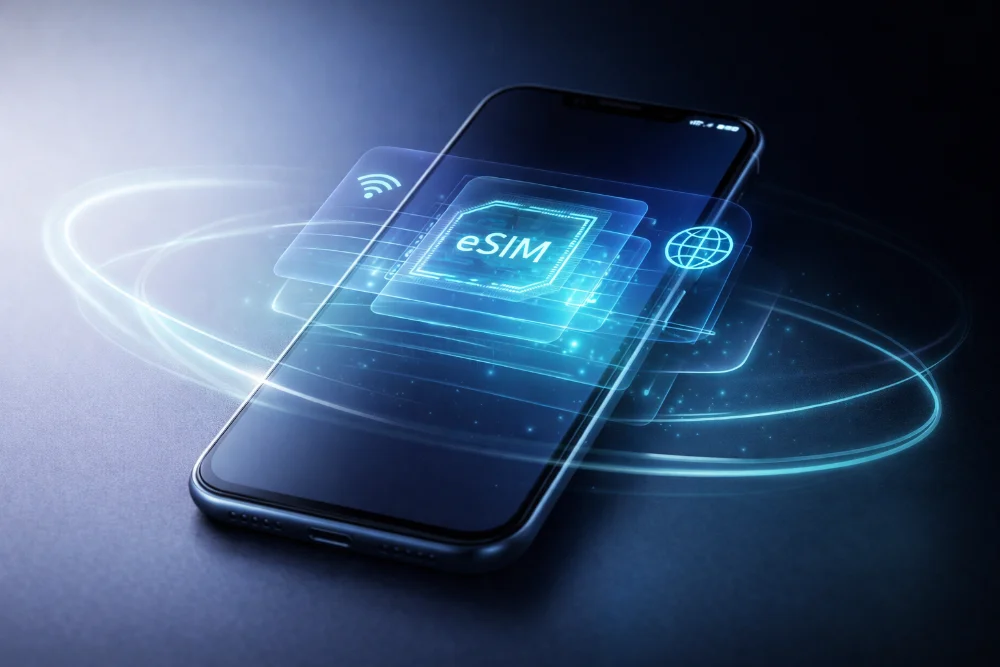 Смартфон з візуалізацією eSIM, цифрові шари та іконки мережі на футуристичному градієнтному фоні