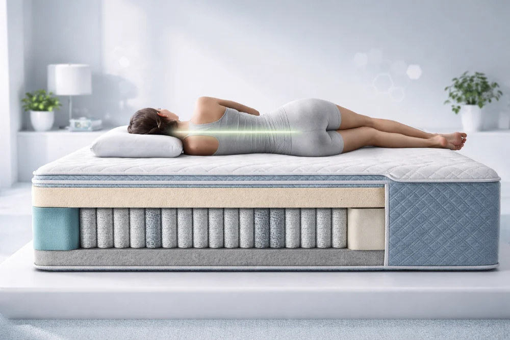 Матрац у розрізі з шарами різної жорсткості та силуетом людини у правильній позі сну для здоров’я хребта