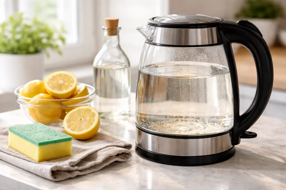 Скляний електрочайник з нальотом на кухні, лимон, губка та рушник для безпечного очищення