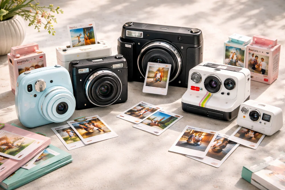 Фотоапарати миттєвого друку 2025 року з фотокартками на світлій поверхні у стилі ретро та сучасного дизайну