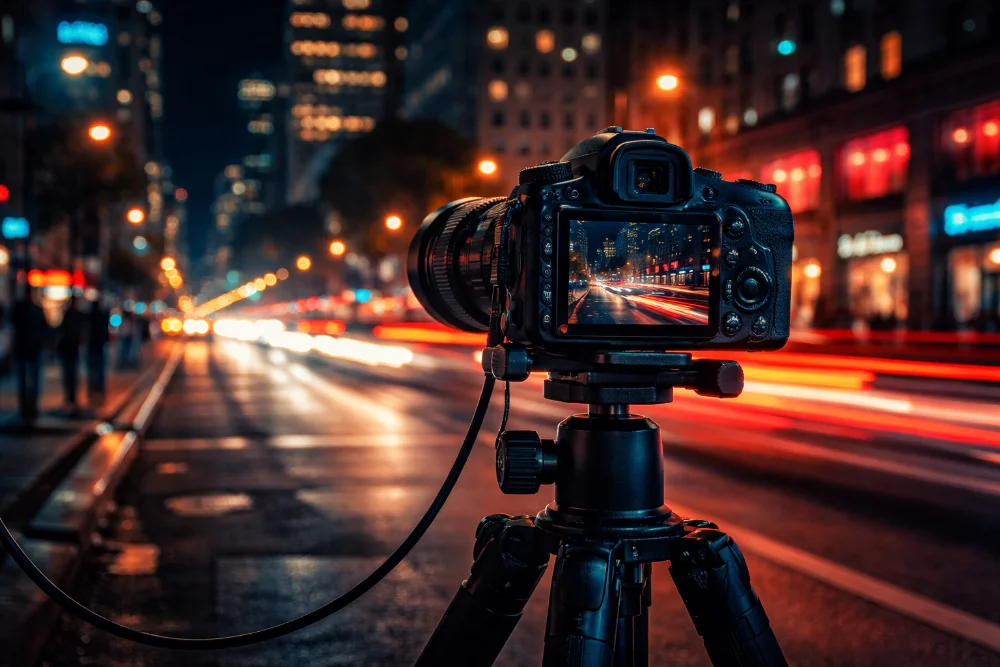 Фотоапарат на штативі в нічному місті зі світловими доріжками автомобілів і неоновим освітленням