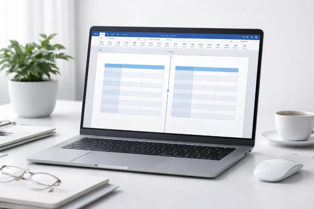 Ноутбук з відкритим документом Word, де таблиця візуально розділена на дві частини в мінімалістичному офісі