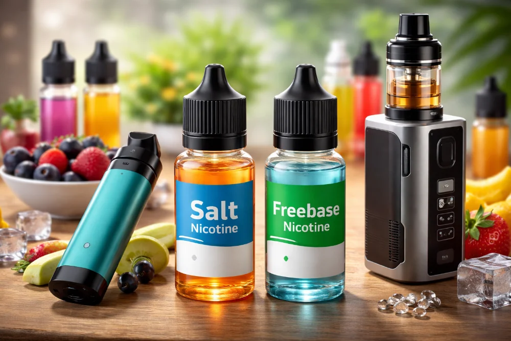 Рідина для вейпу з сольовим і звичайним нікотином поруч із pod-системою та класичним вейпом
