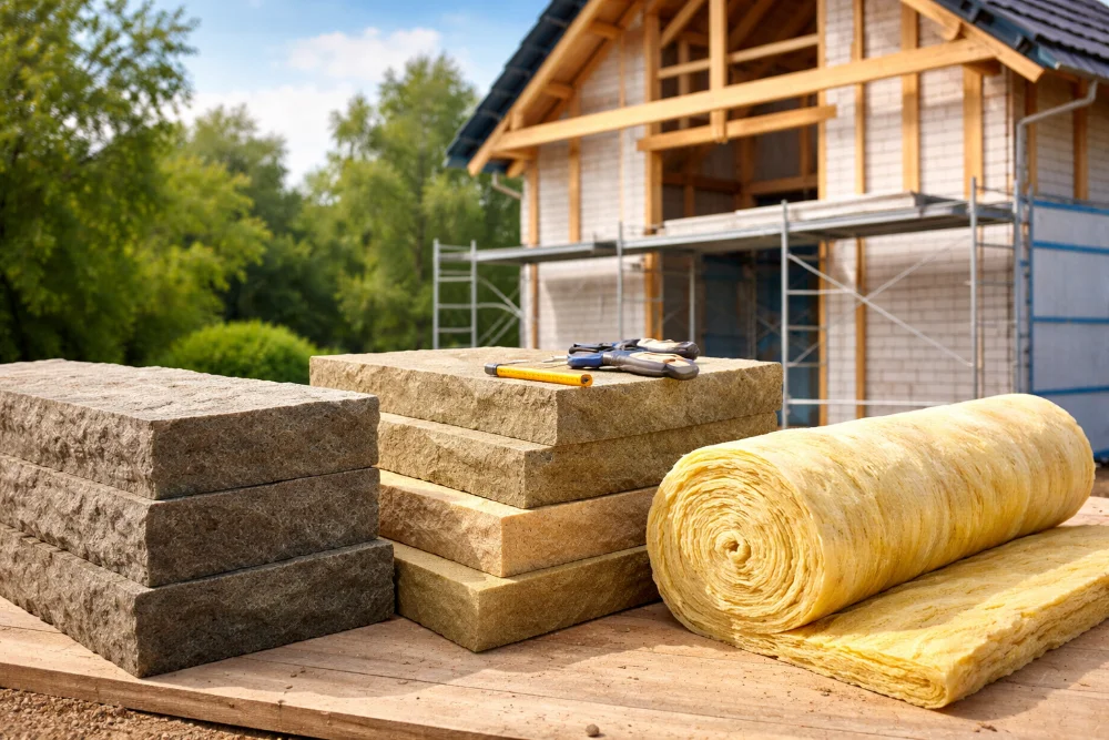 Кам’яна, базальтова та скловата на будівельному майданчику під час утеплення будинку
