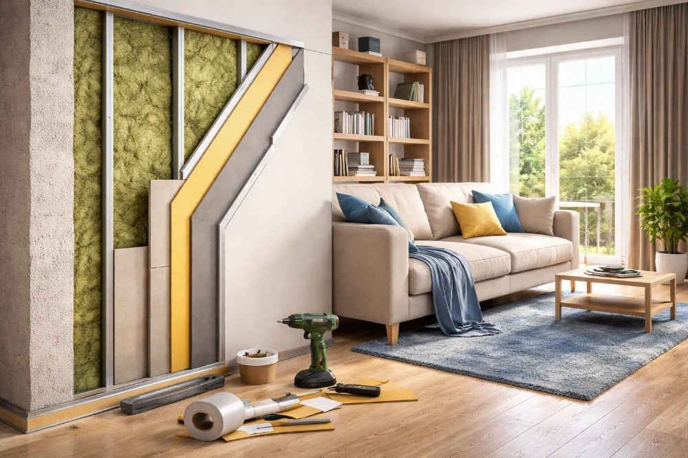 Приклад звукоізоляції будинку з використанням акустичних матеріалів у житловій кімнаті