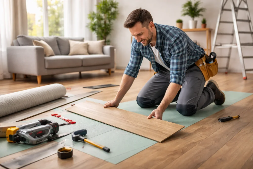 Процес укладання ламінату самостійно на підлогу з підкладкою та інструментами в світлій кімнаті