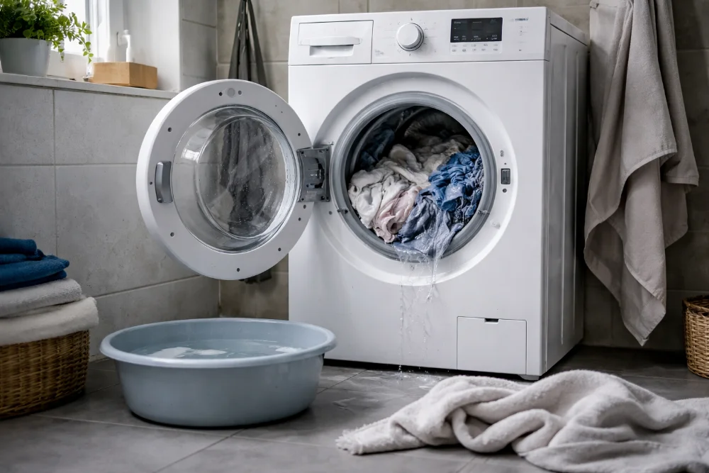 Пральна машина з відкритим люком і мокрою білизною, миска з водою та рушник на підлозі у ванній