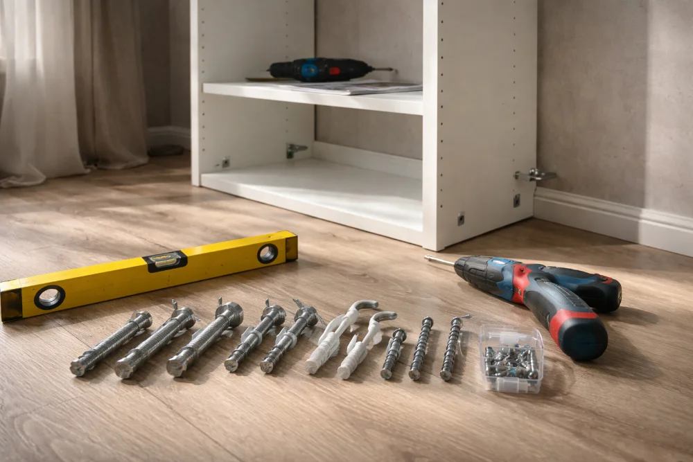 Частково зібрані меблі біля стіни, дюбелі, анкери, рівень і викрутка на підлозі під час монтажу