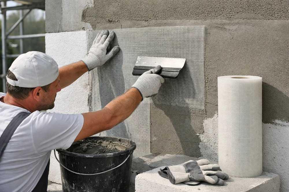 Майстер накладає склосітку на фасад у шар клею шпателем під час утеплення будинку