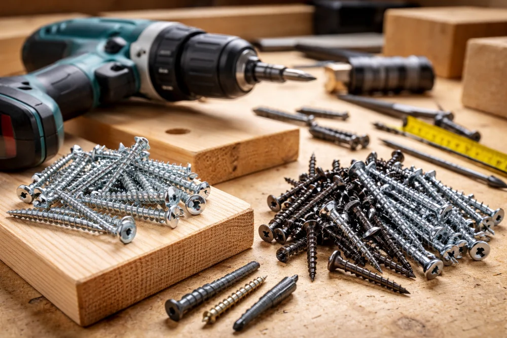 Шурупи та саморізи на дерев’яному столі поруч із шуруповертом як приклад вибору кріплення для різних робіт