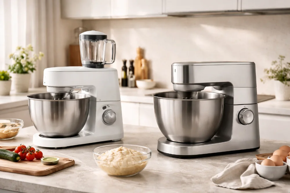 Порівняння двох кухонних комбайнів Bosch і Kenwood на кухонній поверхні в світлому інтер’єрі