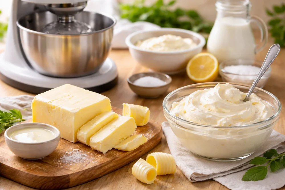 Домашнє вершкове масло і сир маскарпоне з вершків, приготовані в міксері на кухонному столі без тексту