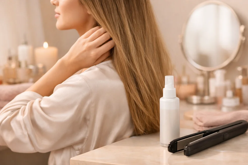 Підготовка волосся до укладки: термозахист на туалетному столику поруч із феном та праскою