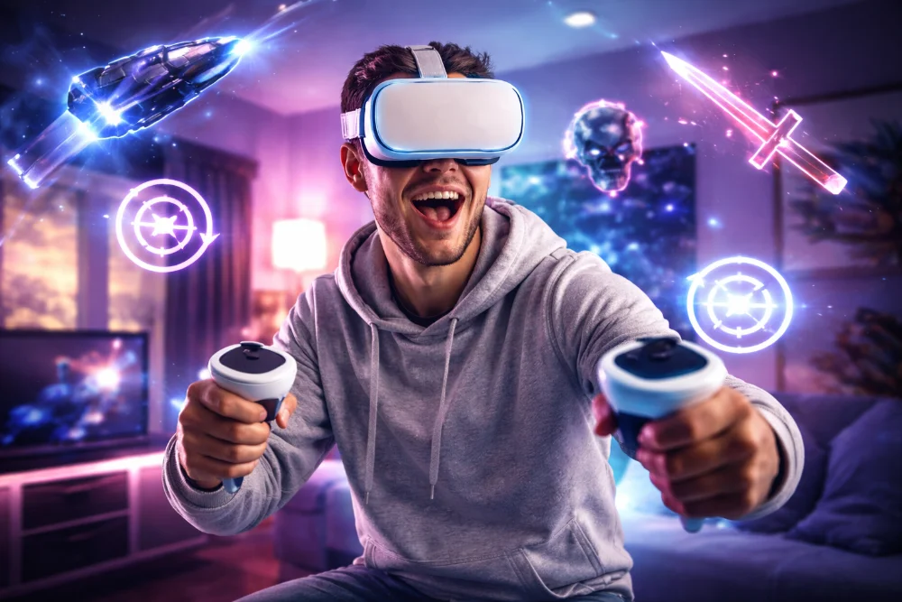 Людина у VR-окулярах з контролерами грає у віртуальну реальність у сучасній геймерській кімнаті
